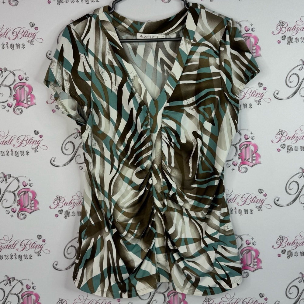 Melanie Lyne tshirt swirls swoop neck Elegant Zebra Print V-Neck Blouse